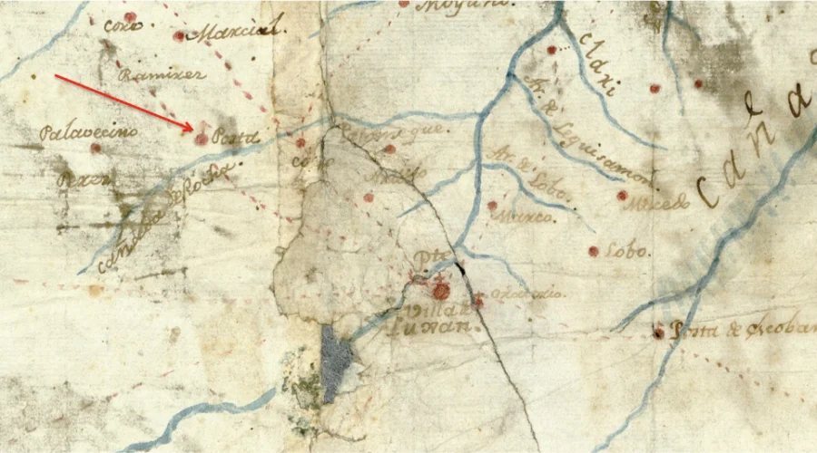 Mapa colonial de la zona de Luján con la posta de Cañada de Rocha